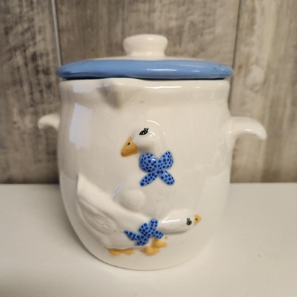 Vintage Country Geese Blue Ribbon Grease Drippings Jar Handmade Signed Cottage